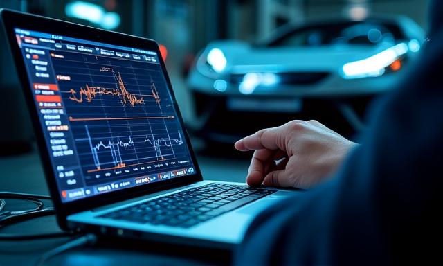 Close up of a technician performing digital ECU remapping on a high-performance engine