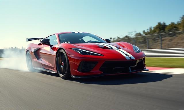 A performance car cornering hard on a race track showing suspension compression
