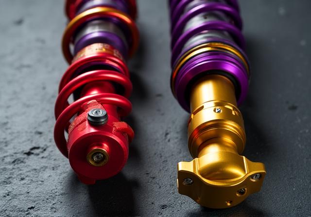Side by side comparison of a lowering spring and a high-end adjustable coilover unit
